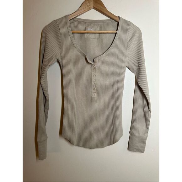 Aerie American Eagle Tan Ribbed Long Sleeve Layering Essential Top Size Small - Picture 4 of 8